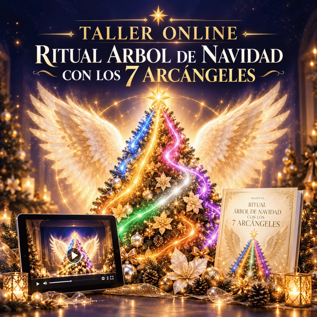 Taller online Ritual Árbol de Navidad con los 7 Arcángeles: árbol con alas de ángel, tableta con la grabación y manual PDF